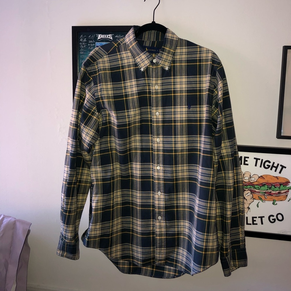 Ralph Lauren Button Down Mens size Large- Blue and Yellow flannel plaid pattern